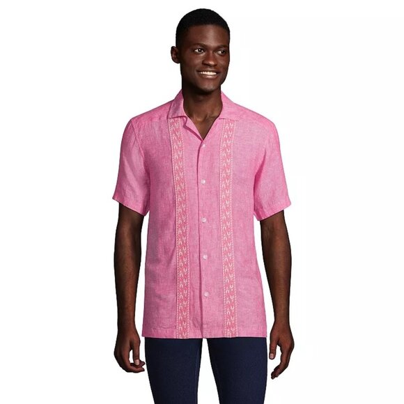 Lands' End Men's Linen Camp Collar Short Sleeve Shirt Sz XL Pink Traditional Fit - Picture 1 of 12